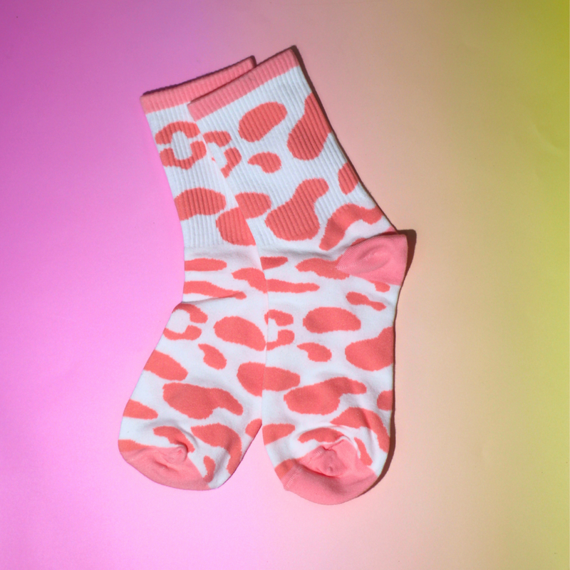 Pink Cow Print Crew Socks